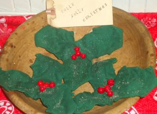 Primitive Holly With Berries Bowl Filler Set Of 3 Glitter Grungy Christmas Jolly photo