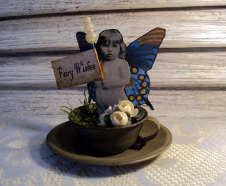 Primitive Altered Miniature Handmade Fairy Doll Mixed Media Collage Art Cup photo