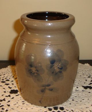 Primitive Stoneware Crock With Flower photo