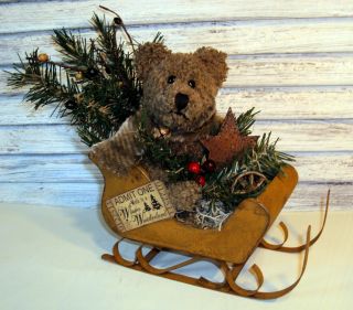 Primitive Folk Art Handmade Bear Ornie Doll Christmas Rusty Tin Sled Gathering photo
