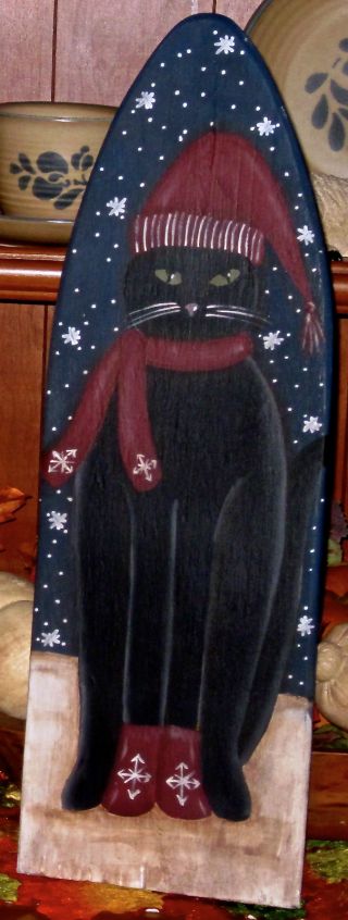 Primitive Hp Folk Art Winter Black Cat Mittens Scarf Hat Stretcher photo