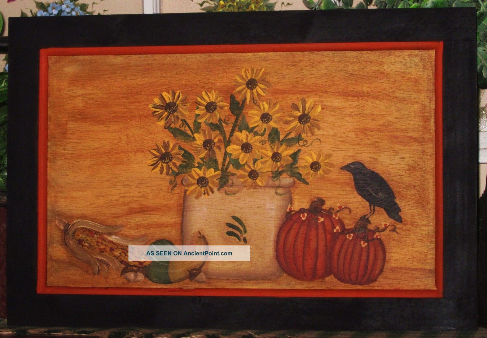 Primitive Hp Folk Art Fall Gathering Sunflowers Pumpkin Door Panel Primitives photo