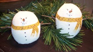 Primitive Snowman Snowball,  Ornies,  Bowl Filler,  Round Set Of Two (2) Mustard photo