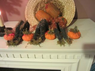Three Pair Of Primitive Halloween Witch Shoes With Pumpkins photo
