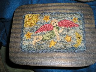 Punch Needle Primitive Folk Art Angel Mermaid Box Basket Vintage Country Fabric photo