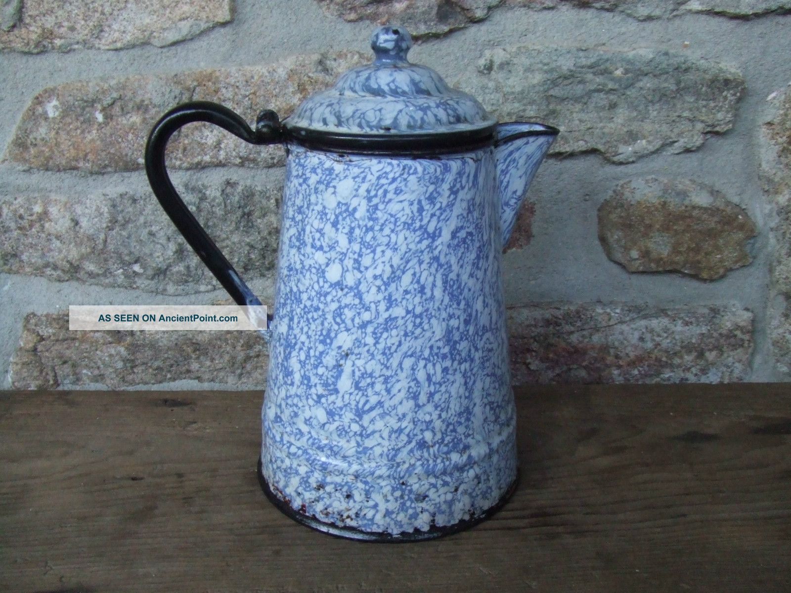 Antique 19th C.  Large Enamelware Coffee Pot Light Blue Swirl Sponge Graniteware Primitives photo