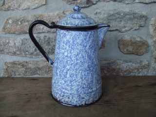 Antique 19th C.  Large Enamelware Coffee Pot Light Blue Swirl Sponge Graniteware photo