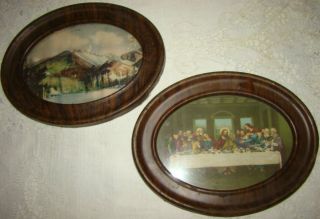 2 Antique 1930 ' S Metal Tin Oval Picture Frames With Pictures Jesus Last Supper photo