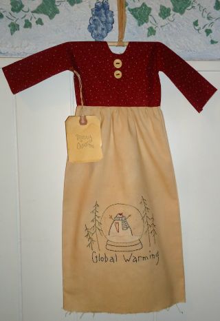 Primitive Decorative Holiday Snowman Stitchery Dress,  Tea Dyed,  Handmade Doll photo