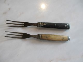 Unmarked Primitive 3 - Tine Forks Bone? Handle & Wood With Metal Inlay photo