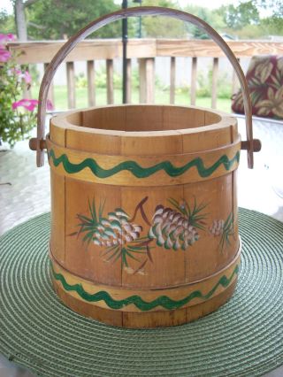 Vintage Folk Art Hand Painted Northwoods Sugar Bucket Firkin Lodge Decor photo