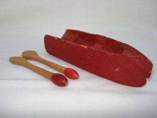 Hand Carved Wooden Toy Canoe And Two Paddles Primitive Toy photo