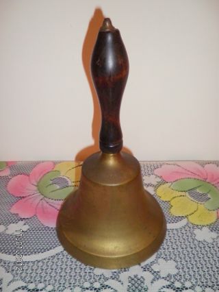 Lovely Vintage Old School Brass And Wood Recess Hand Bell Magnificent Ring Sound photo