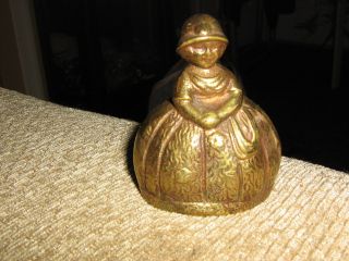 Antique Small Lady In Long Dress And Hat Brass Bell Great Item Heavy photo