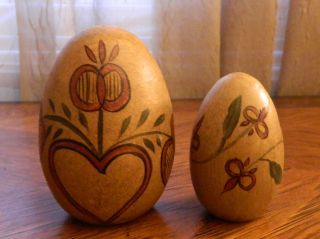 2 Primitive Vintage Style Eggs Large & Small Wooden Hand Painted Country photo