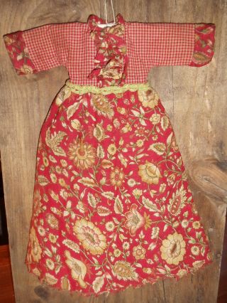 Adorable Little Doll Dress Primitive Decor In Red Plaid With A Flowered Apron photo