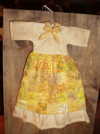 Adorable Little Doll Dress Primitive Decor Yellow With A Quilted Apron photo