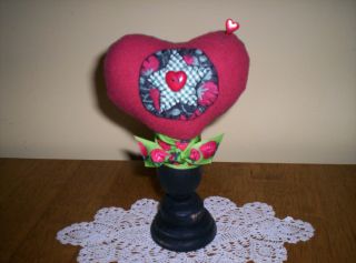 Primitive Wool Pin Cushion Make - Do Heart W/strawberries On Wooden Stand photo