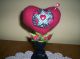 Primitive Wool Pin Cushion Make - Do Heart W/strawberries On Wooden Stand Primitives photo 1