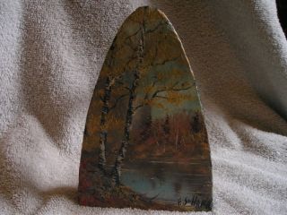 Antique Sad Iron With An Adirondack Scene Painted By Ed Schaber,  Wells,  New York photo
