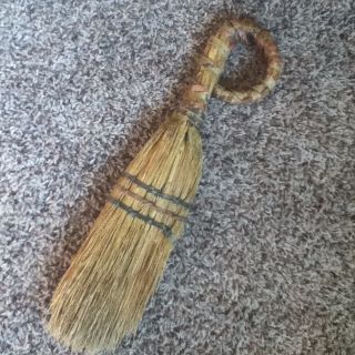 Primitive Hand Held Straw Broom Or Brush For Hearth Or Fireplace.  Curved Handle. photo