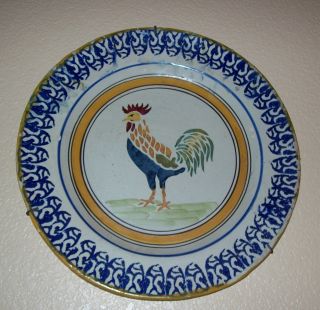 Country Rooster Majolica Charger Or Wall Plate W Spongeware American Folk Art photo