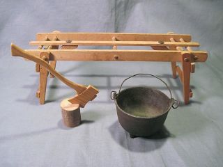 Vintage Hand Made Miniatures Wooden Drying Table (folds),  Carved Axe & Ci Kettle photo