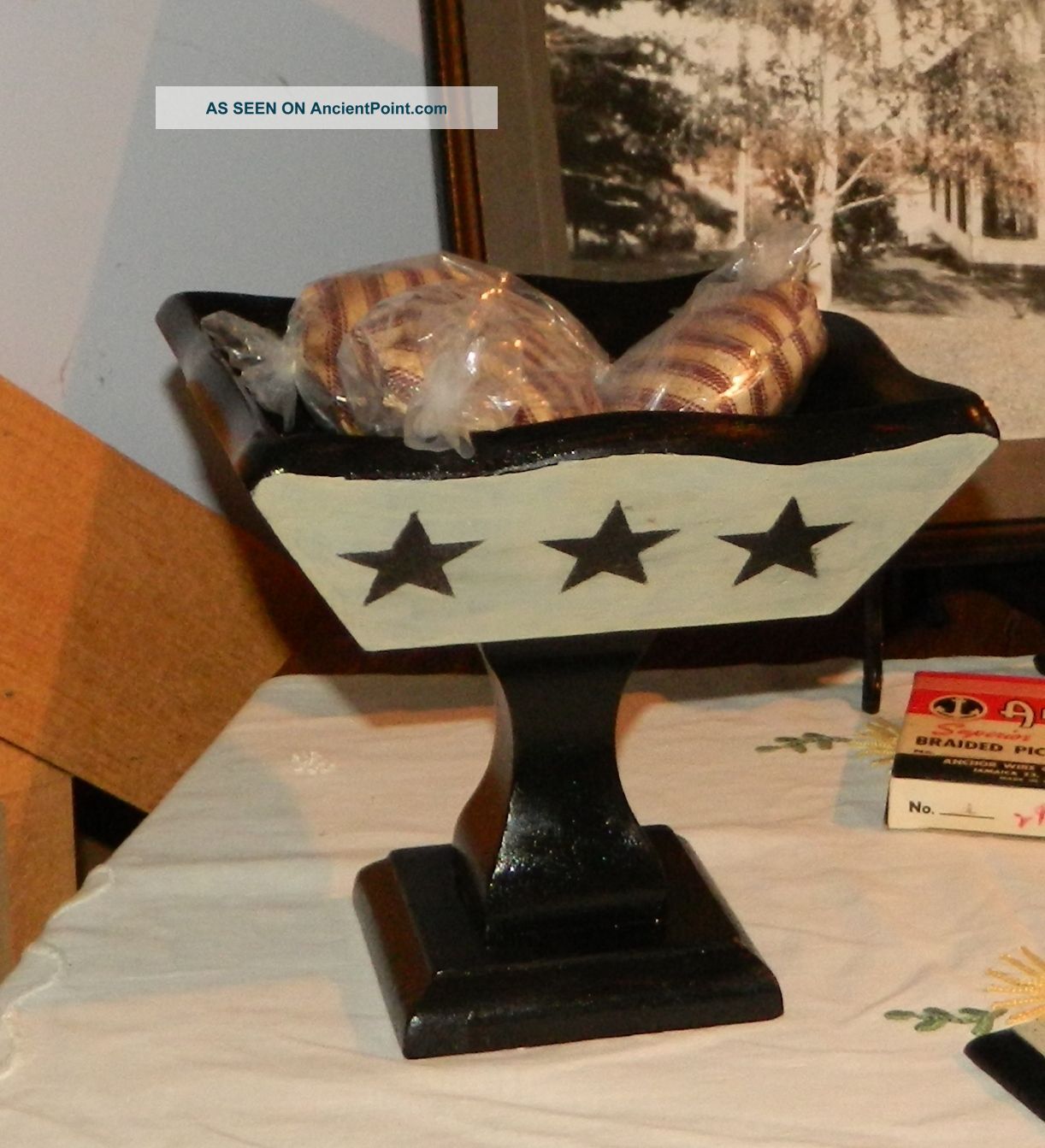 Primitive Black Wooden Dish Tan Black Stars Pedestal Style Bowl Filler Primitives photo