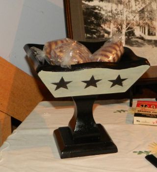 Primitive Black Wooden Dish Tan Black Stars Pedestal Style Bowl Filler photo