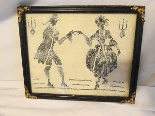 Vintage Cross Stitch 18th Century Couple Silhouette On Linen / Old Frame photo