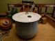 Primitive Farmhouse Vtg Old White Enamel Pot - Kettle Lid Wood Handle Enamelware Primitives photo 1