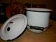 Primitive Farmhouse Vtg Old White Enamel Pot - Kettle Lid Wood Handle Enamelware Primitives photo 2