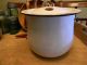 Primitive Farmhouse Vtg Old White Enamel Pot - Kettle Lid Wood Handle Enamelware Primitives photo 3