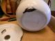 Primitive Farmhouse Vtg Old White Enamel Pot - Kettle Lid Wood Handle Enamelware Primitives photo 4