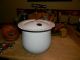 Primitive Farmhouse Vtg Old White Enamel Pot - Kettle Lid Wood Handle Enamelware Primitives photo 7