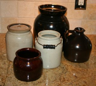 Antique Stoneware Group Of Jug And Assorted Crocks photo