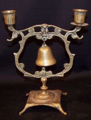 Antique Hammered Brass Servant ' S Bell & Double Candleholder 8 