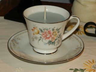 Vintage Tea Cup And Saucer Filled With Fresh Linen Candle Flavor Farmhouse Decor photo