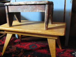 Antique Folky Primitive Wooden Mustard Paint Splay Leg Stool Bench Child Table photo