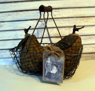 Primitive Folk Art Cloth Fabric Pear Ornie Lot Wire Basket Hang Tag Gathering photo