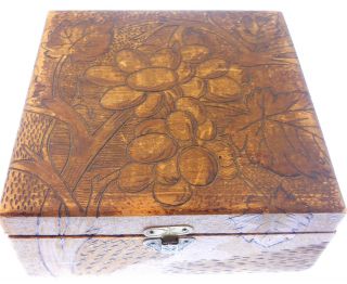 Vintage 1906 Hand Carved Wood Trinket Box Grape & Leaf Antique Primitive photo