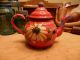 Primitive Vintage Old Red Enamel Tea Pot Metal Enamelware Hand Painted Folk Art Primitives photo 9