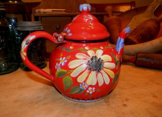 Primitive Vintage Old Red Enamel Tea Pot Metal Enamelware Hand Painted Folk Art photo
