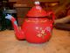 Primitive Vintage Old Red Enamel Tea Pot Metal Enamelware Hand Painted Folk Art Primitives photo 1