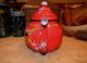 Primitive Vintage Old Red Enamel Tea Pot Metal Enamelware Hand Painted Folk Art Primitives photo 2