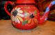 Primitive Vintage Old Red Enamel Tea Pot Metal Enamelware Hand Painted Folk Art Primitives photo 3