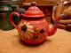 Primitive Vintage Old Red Enamel Tea Pot Metal Enamelware Hand Painted Folk Art Primitives photo 4