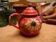 Primitive Vintage Old Red Enamel Tea Pot Metal Enamelware Hand Painted Folk Art Primitives photo 5
