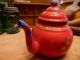 Primitive Vintage Old Red Enamel Tea Pot Metal Enamelware Hand Painted Folk Art Primitives photo 7