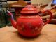 Primitive Vintage Old Red Enamel Tea Pot Metal Enamelware Hand Painted Folk Art Primitives photo 8